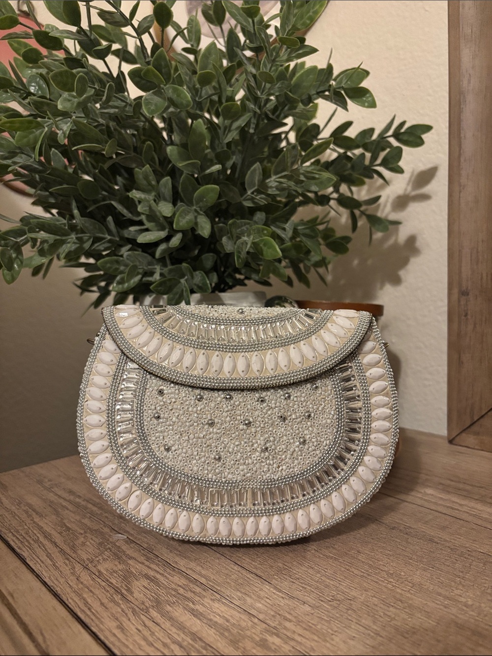 RAMLA Beaded White and Silver Crossbody Bag